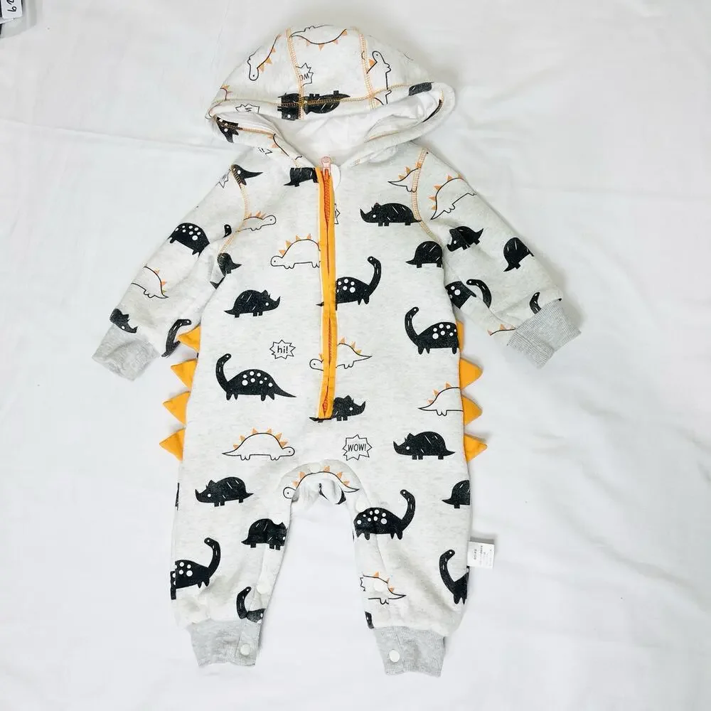 Baby Boy Dinosaur Pattern Long Sleeve Hooded Zipped Romper Winter Jumpsuit 6-12m